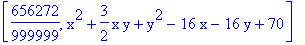 [656272/999999, x^2+3/2*x*y+y^2-16*x-16*y+70]